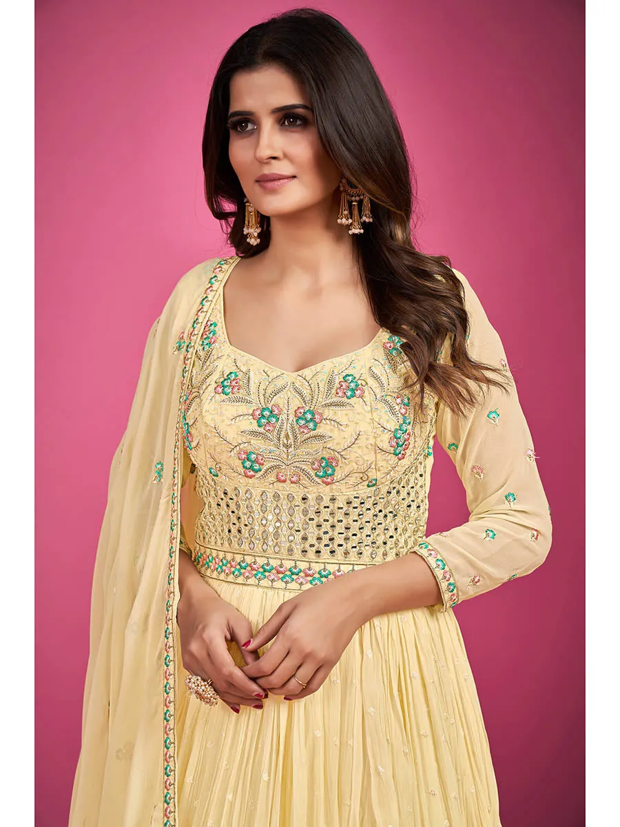 Yellow Pure Georgette Embroidered Gown