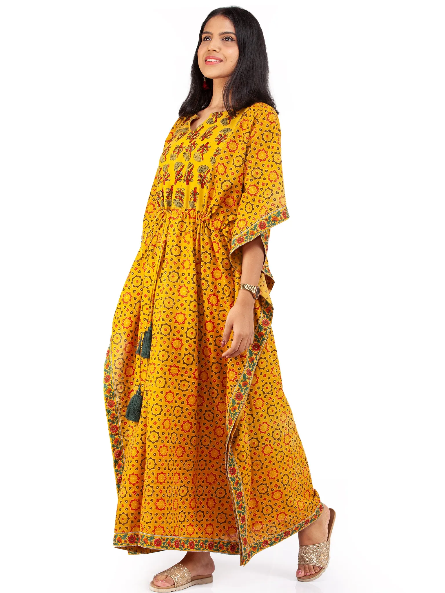 Yellow Red  Green Ajrakh Hand Block Printed Kaftan - K143F1590