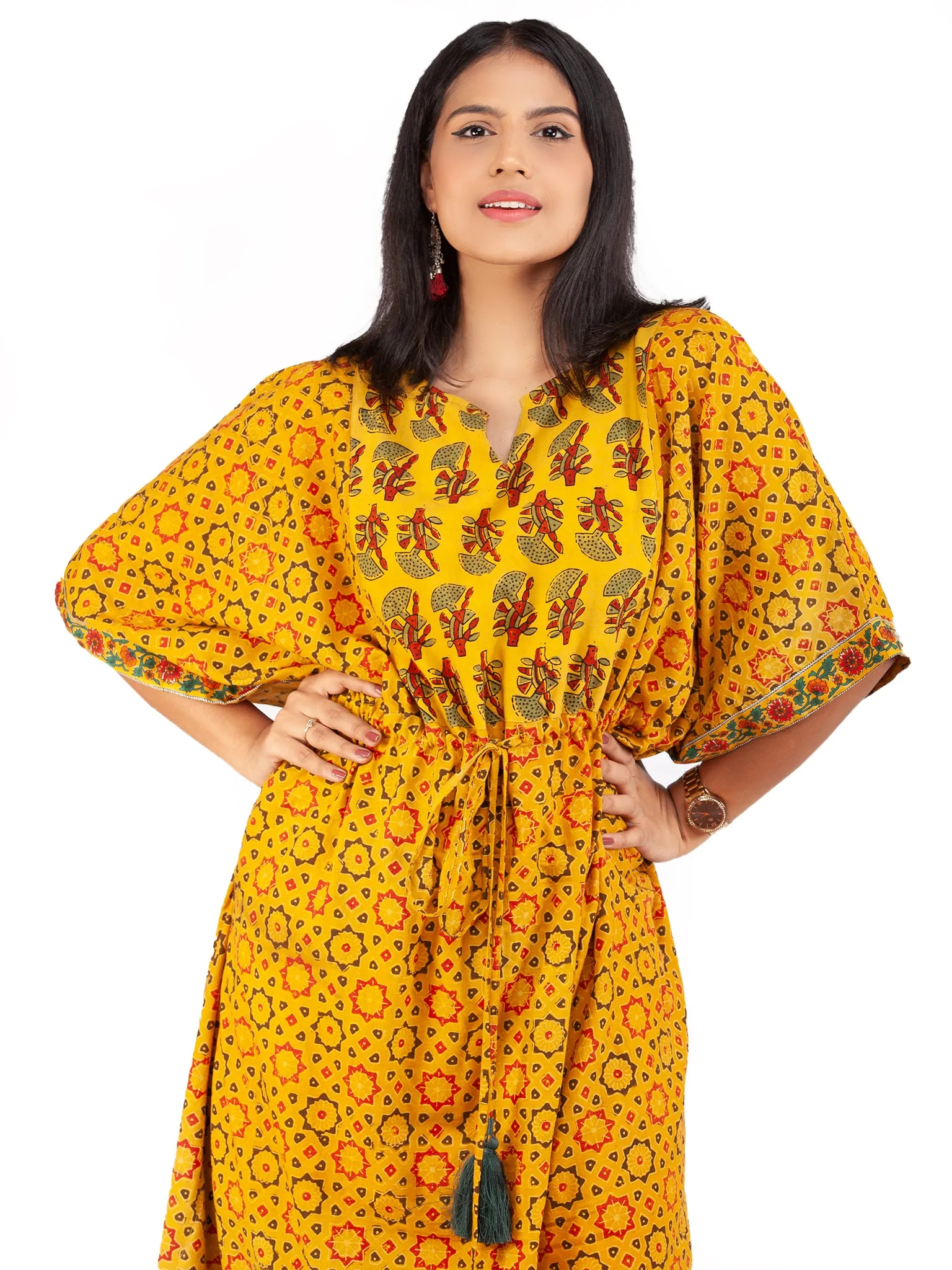 Yellow Red  Green Ajrakh Hand Block Printed Kaftan - K143F1590