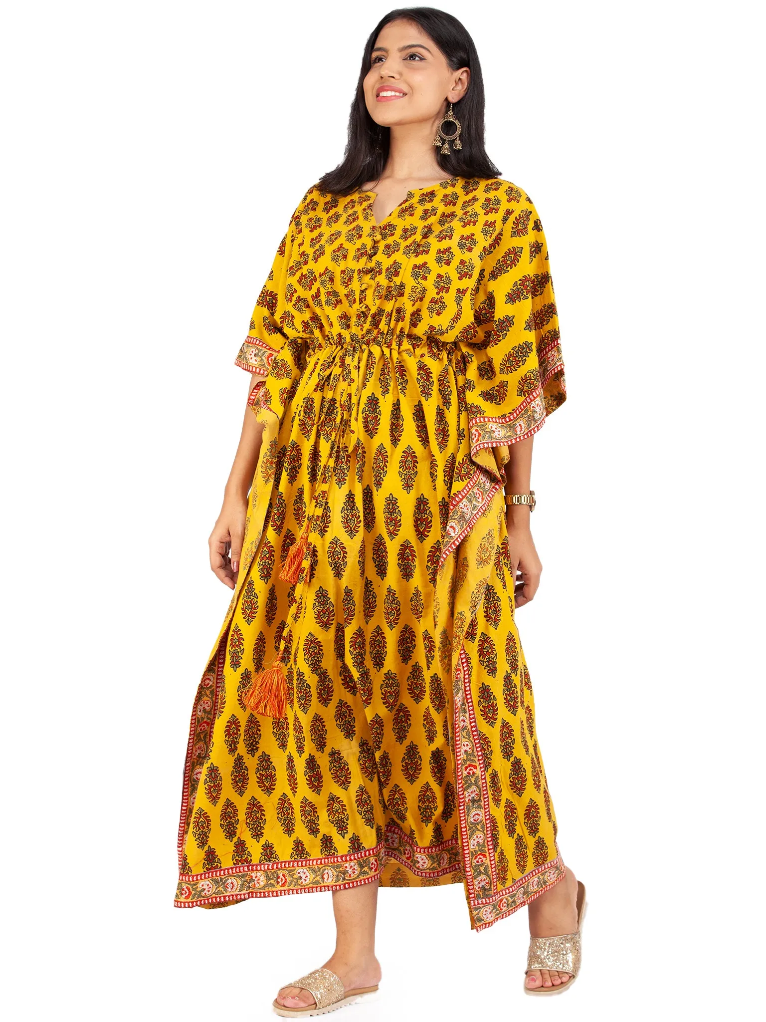 Yellow Red Green Ajrakh Hand Block Printed Kaftan - K150F1579