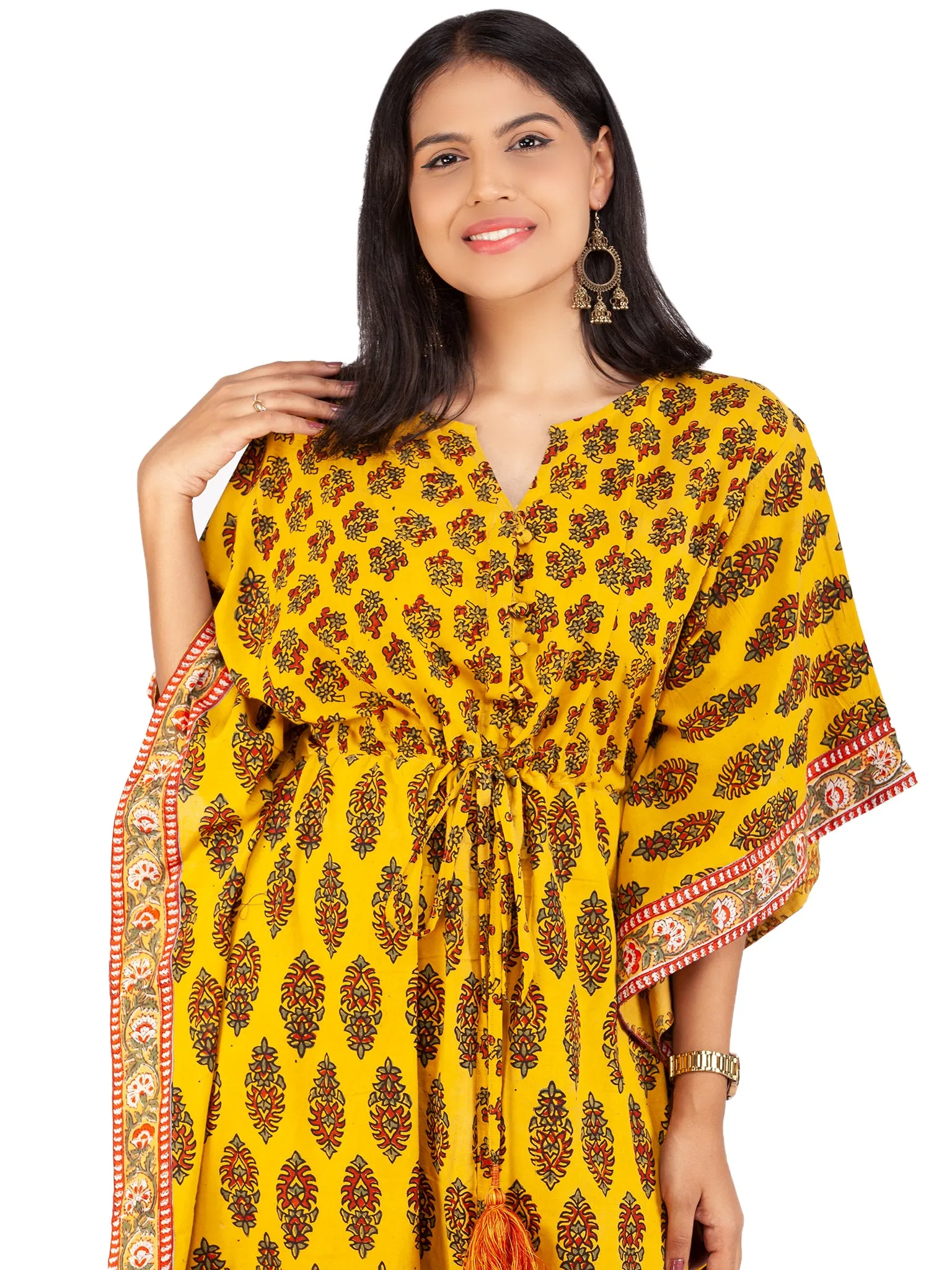 Yellow Red Green Ajrakh Hand Block Printed Kaftan - K150F1579