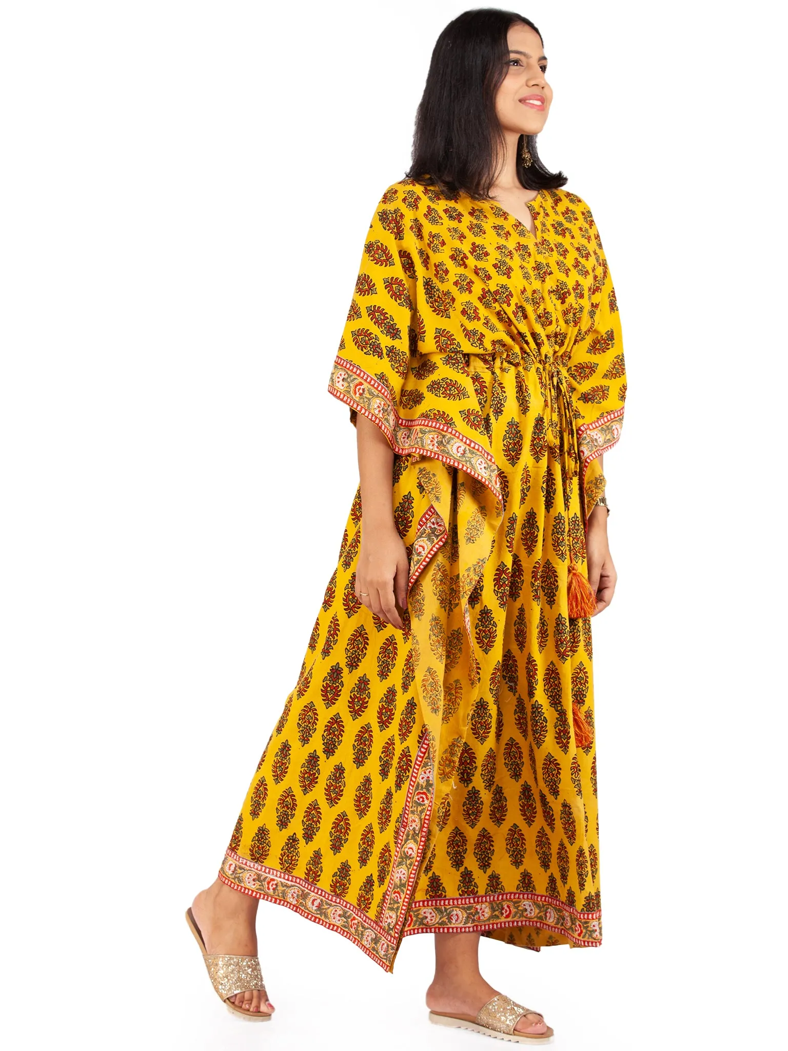 Yellow Red Green Ajrakh Hand Block Printed Kaftan - K150F1579