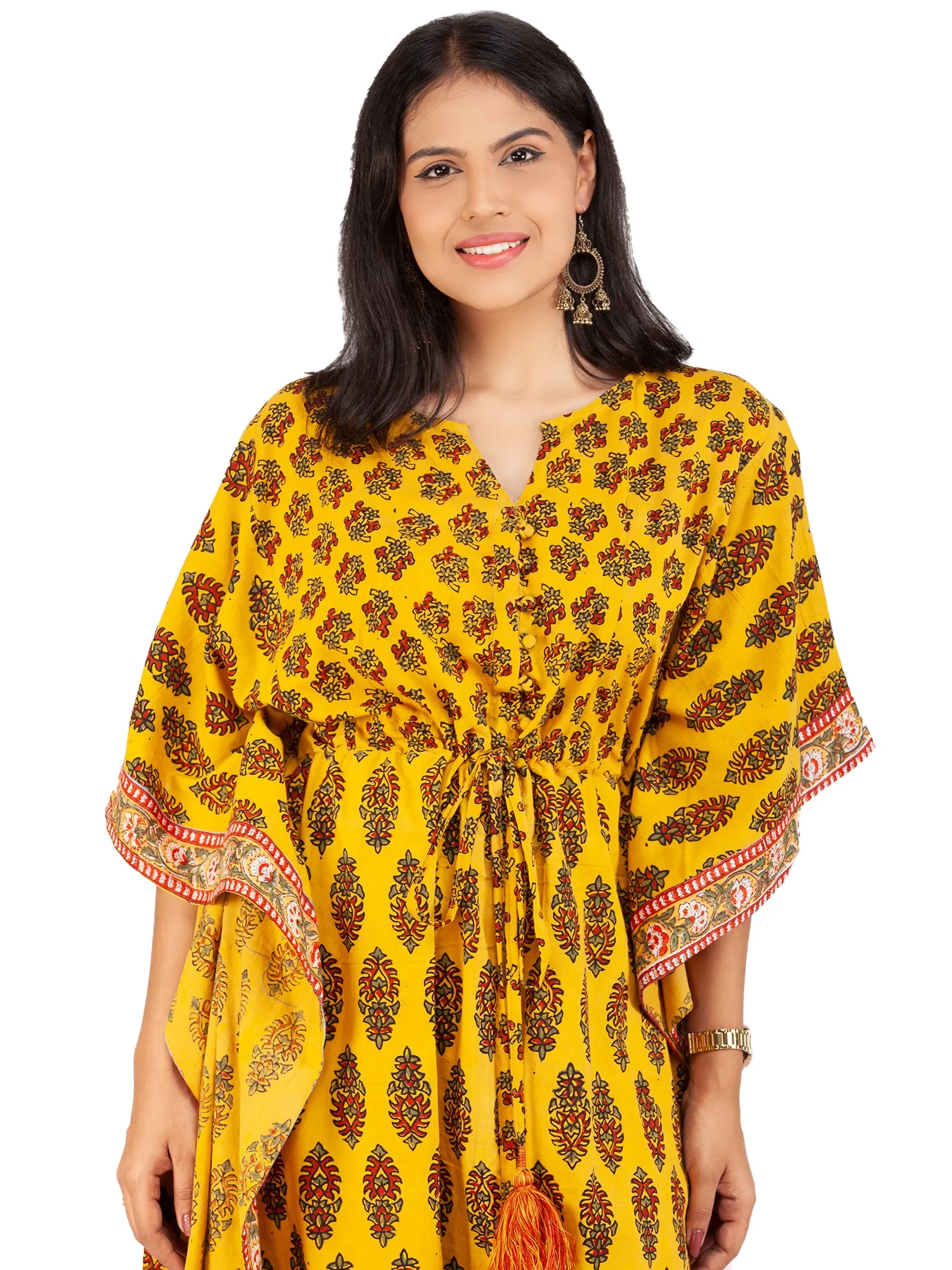 Yellow Red Green Ajrakh Hand Block Printed Kaftan - K150F1579