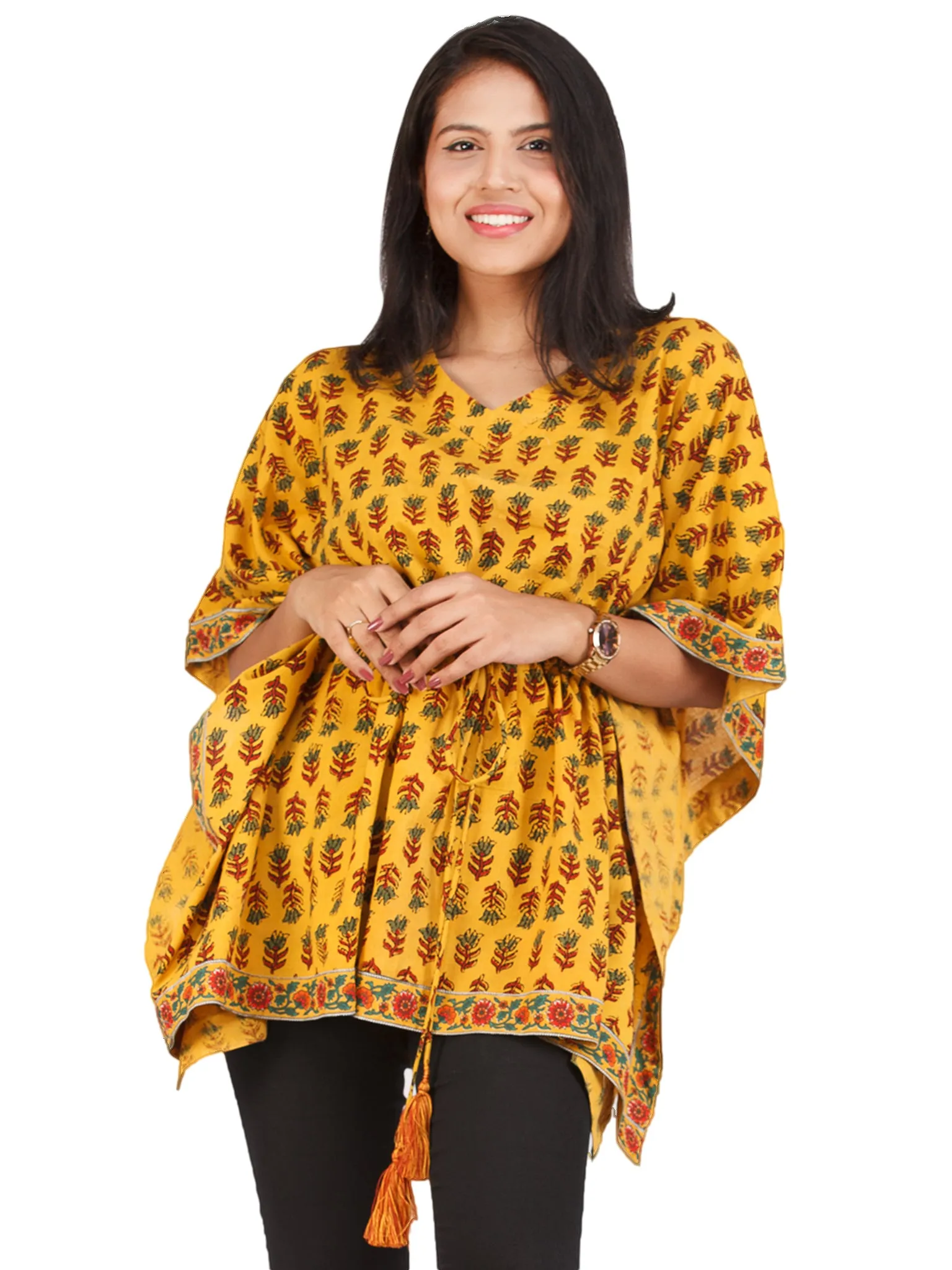 Yellow Red  Green Ajrakh Hand Block Printed Kaftan - K158F1655