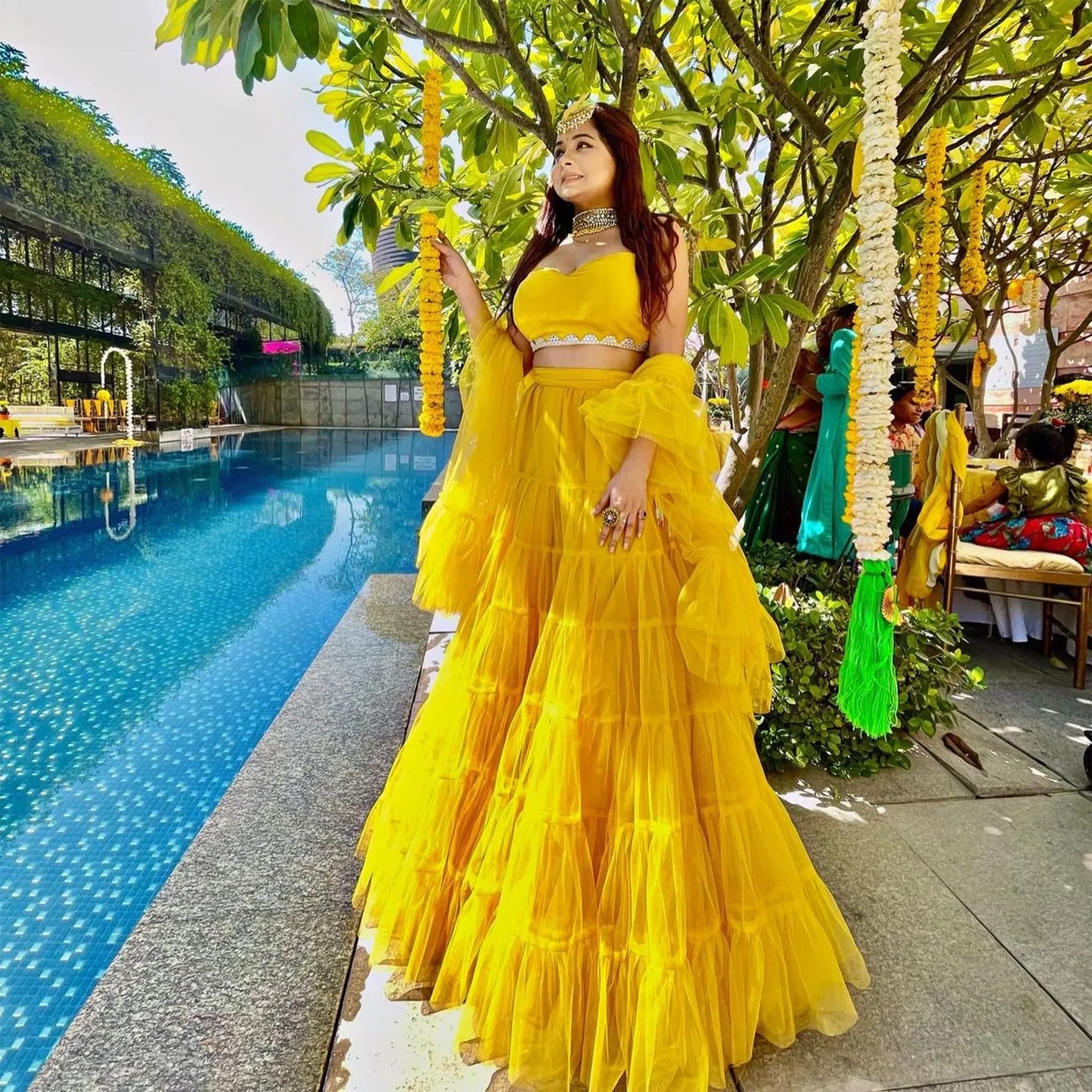 Yellow Ruffle Lehenga Choli in Soft Net with Full Flair and Dupatta