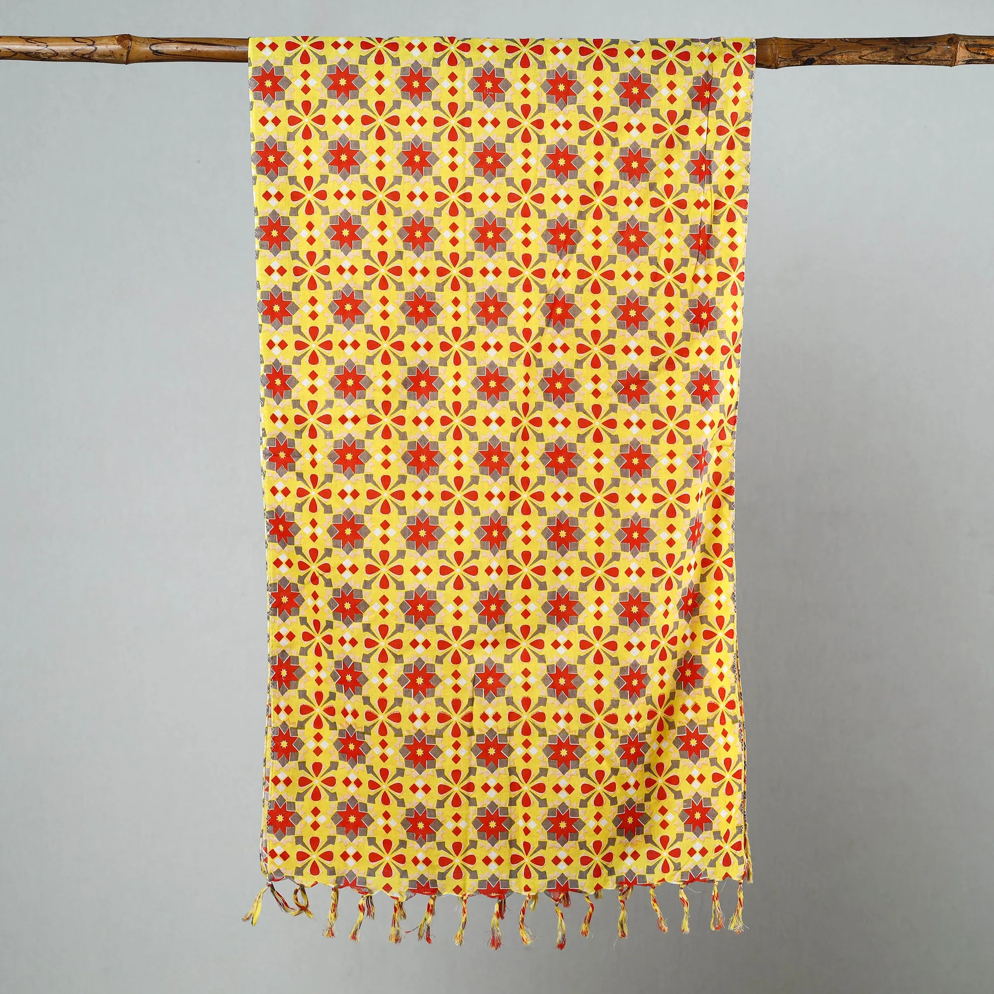 Yellow - Sanganeri Block Printed Cotton Stole with Tassels 01