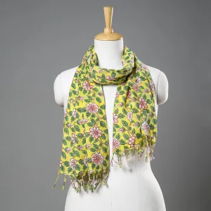 Yellow - Sanganeri Block Printed Cotton Stole with Tassels