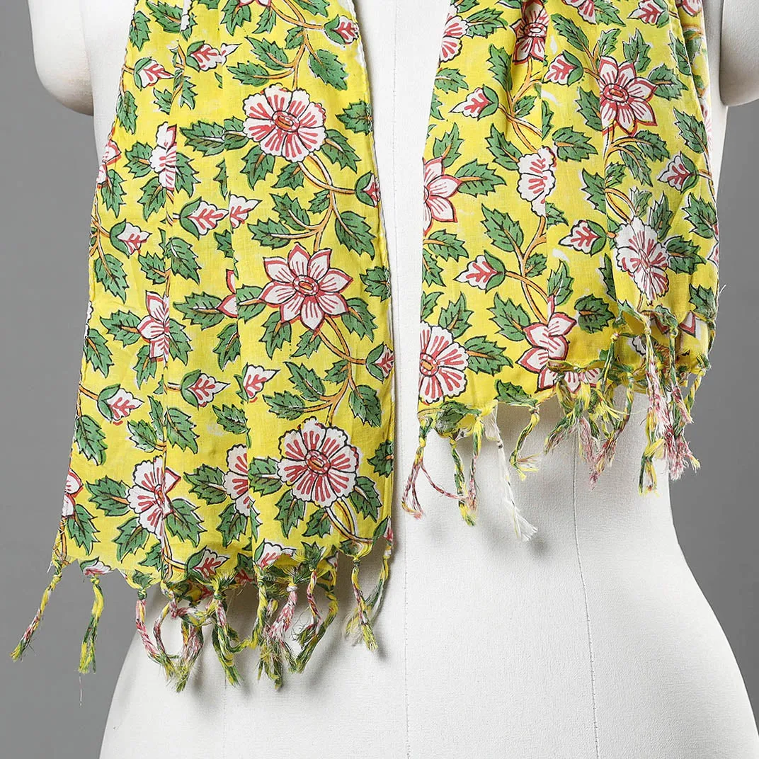 Yellow - Sanganeri Block Printed Cotton Stole with Tassels