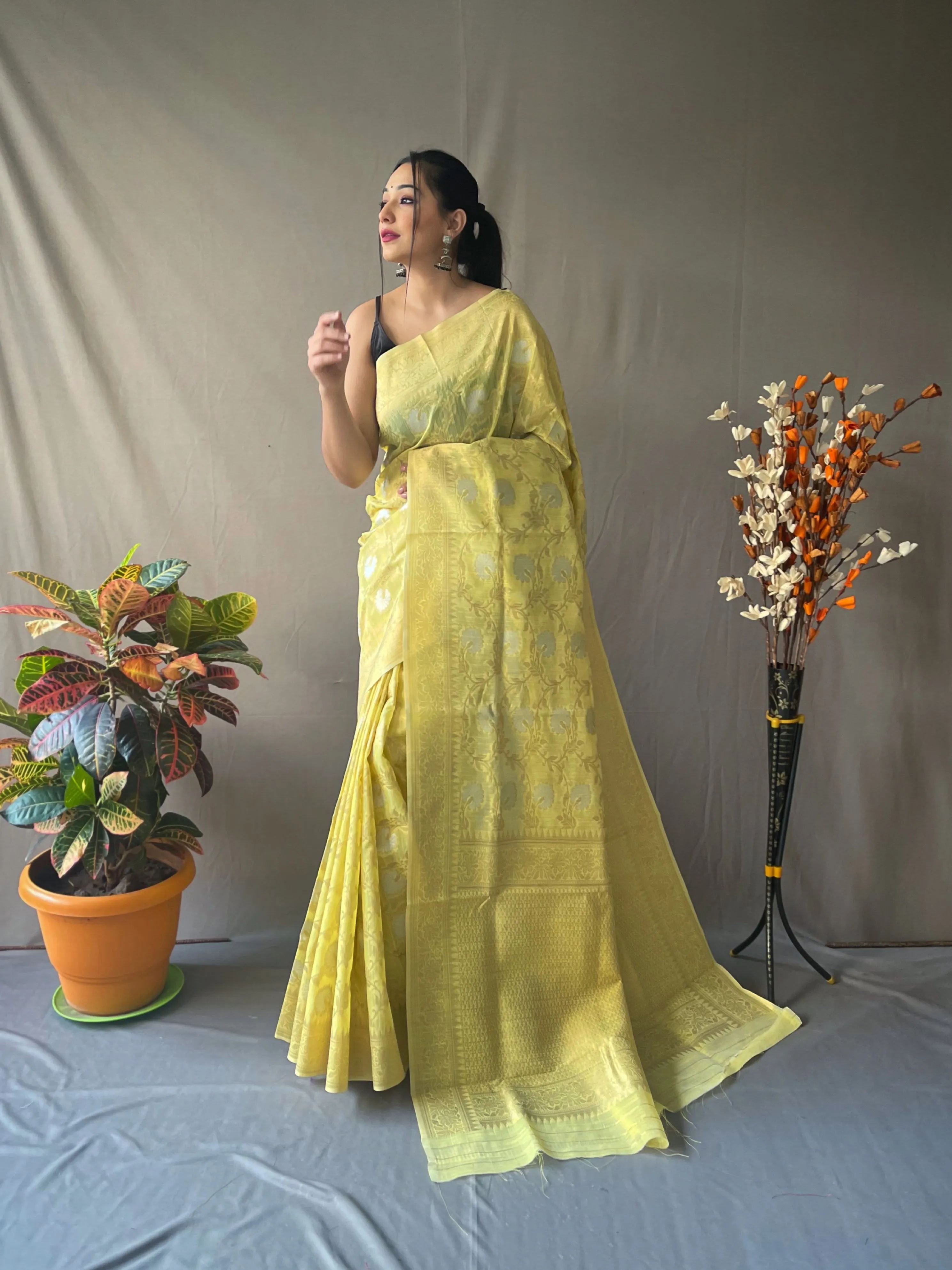 Yellow Saree in Linen Silk