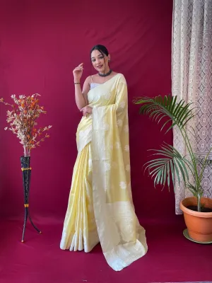 Yellow Saree in Pure Linen Lucknowi