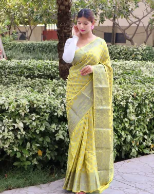 Yellow Saree in Soft Dola Silk Rose Gold Zari Woven