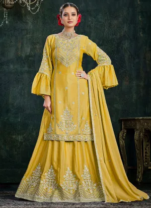 Yellow  Sequence And Thread Embroidery Lehenga Kurti