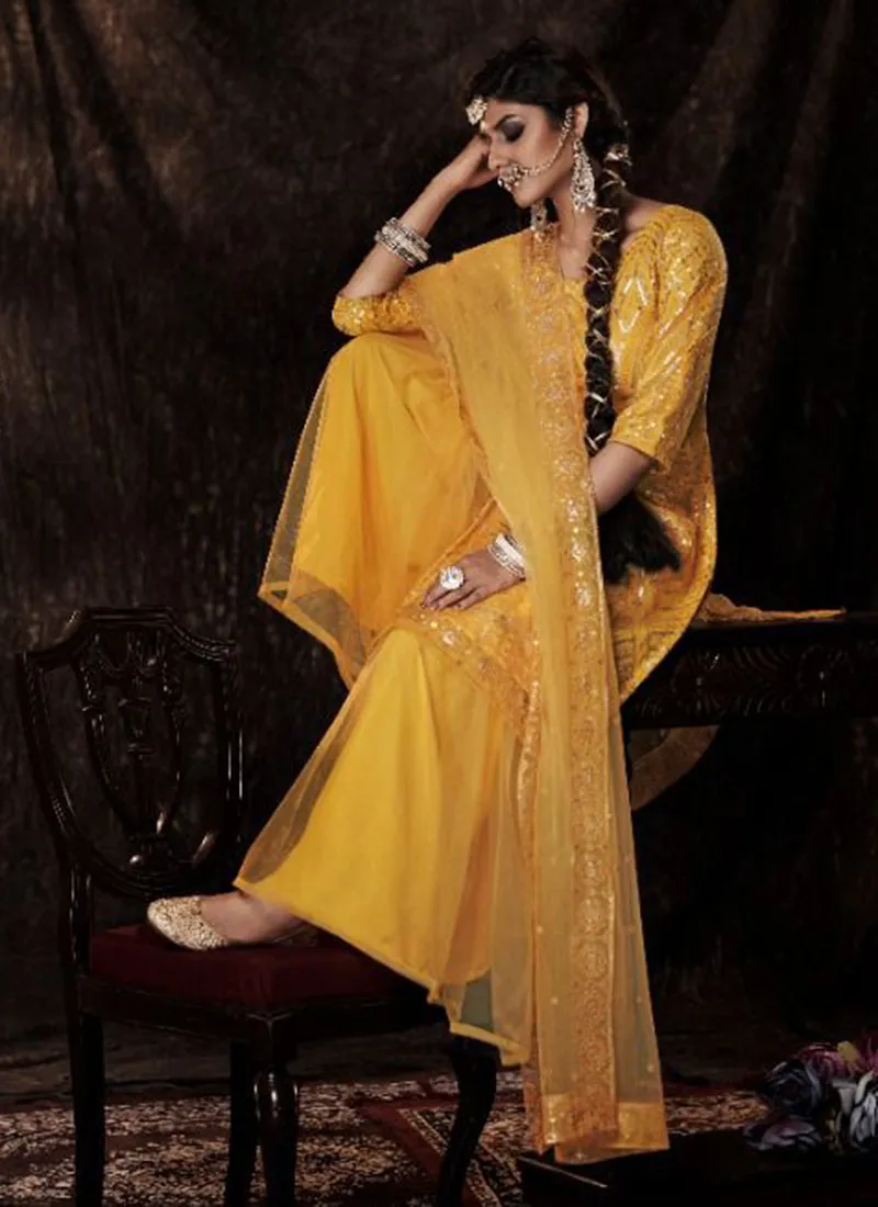 Yellow Sequence Embroidered Sharara Suit