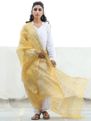 Yellow Silver Kota Silk Hand Block Printed Dupatta - D04170363