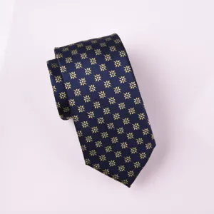 Yellow Sparkling Daisy Floral Star Crest Navy Blue Woven Tie 3"