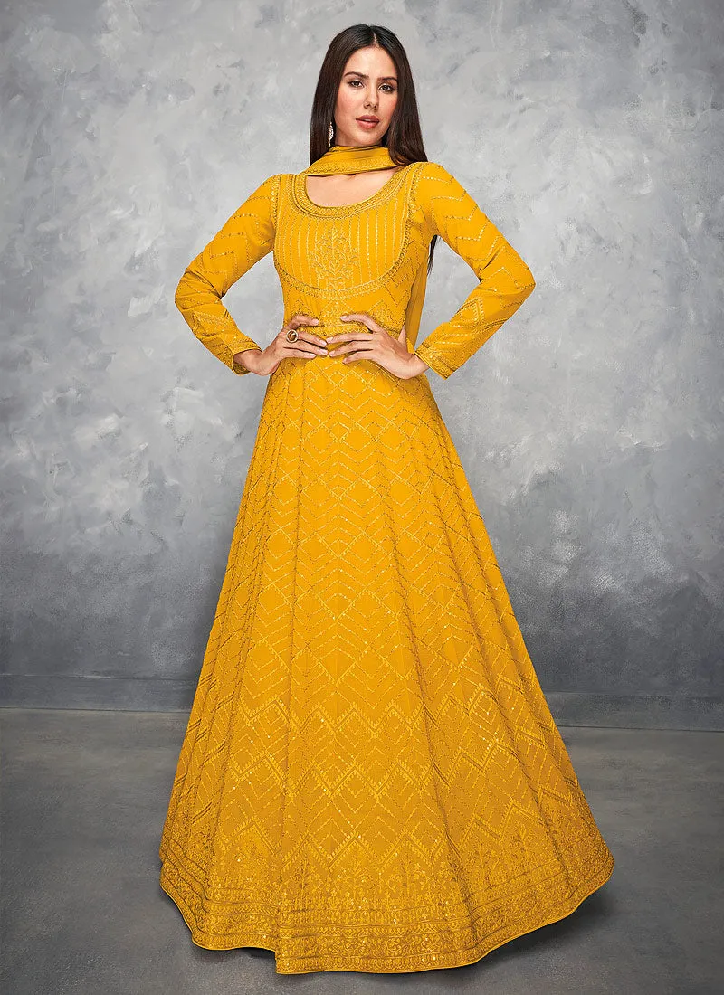 Yellow Thread And Sequence Embroidered Anarkali Suit