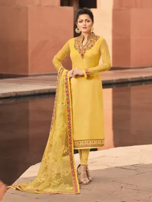 Yellow Traditional Multi Embroidered Churidar Suit