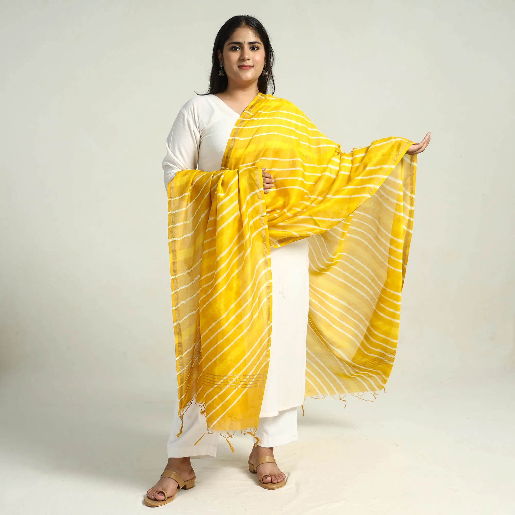 Yellow - Traditional Tie & Dye Chanderi Silk Leheriya Dupatta 44