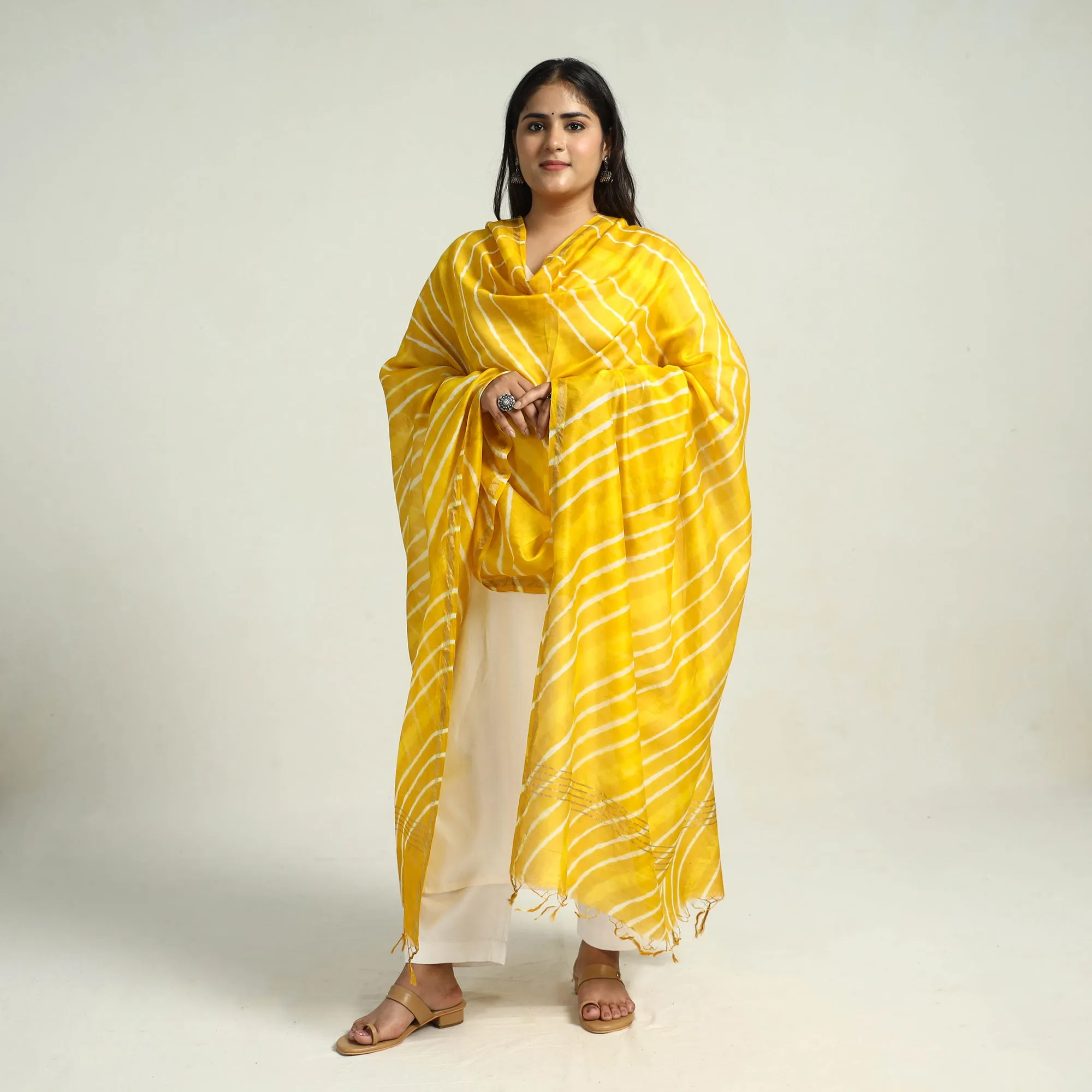 Yellow - Traditional Tie & Dye Chanderi Silk Leheriya Dupatta 44