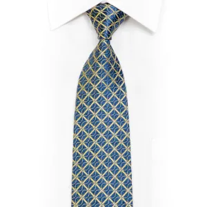 Yellow Trellis On Blue Rhinestone Silk Necktie With Sparkles