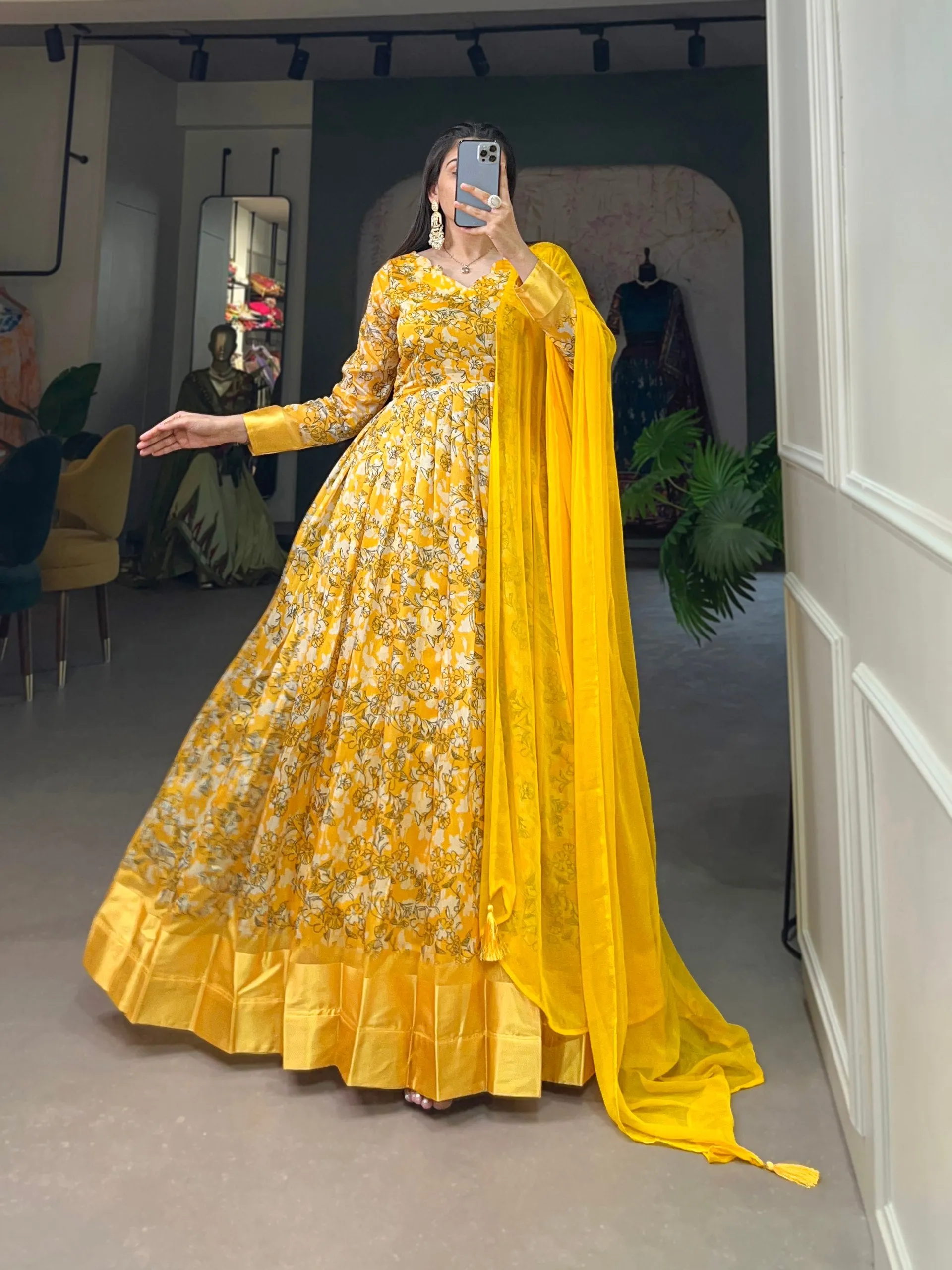 Yellow Tussar Silk Printed Gown with Foil Detailing & Chiffon Dupatta