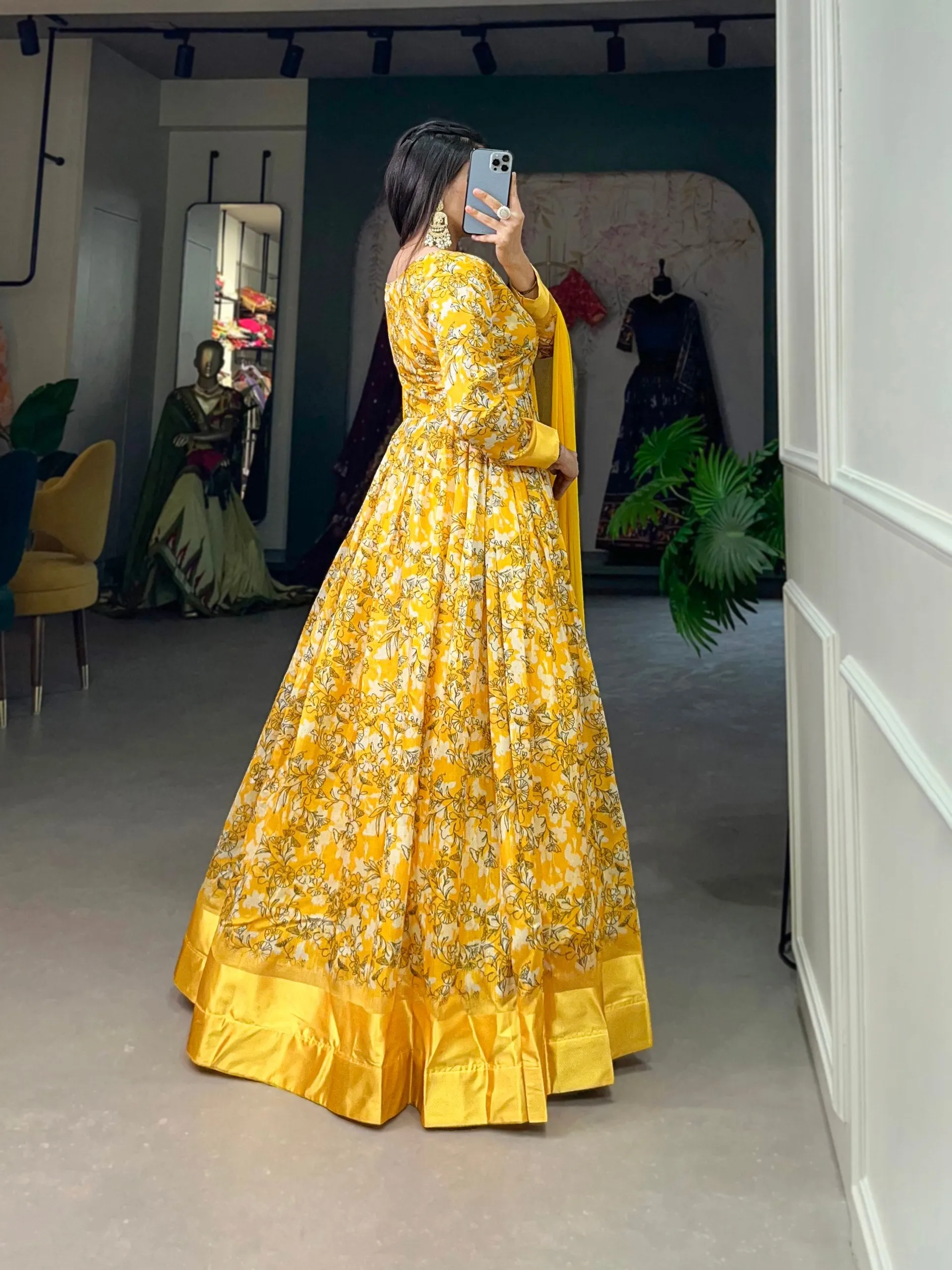 Yellow Tussar Silk Printed Gown with Foil Detailing & Chiffon Dupatta