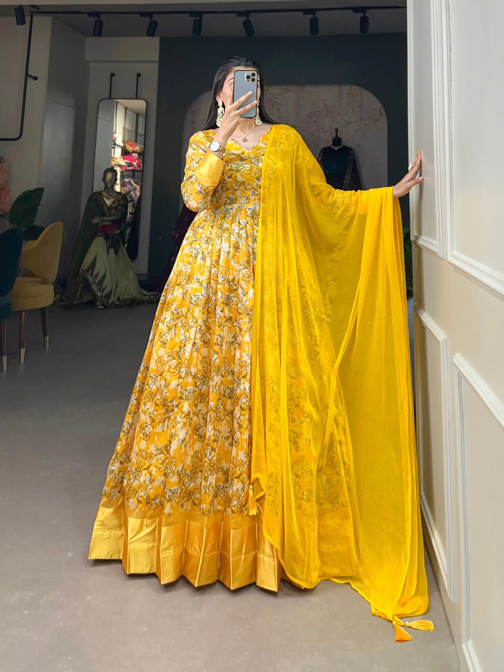 Yellow Tussar Silk Printed Gown with Foil Detailing & Chiffon Dupatta