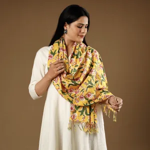 Yellow with Red Flowers Sanganeri Block Printed Cotton Stole with Tassels 01