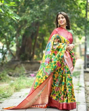 Yellow with Red Saree in Kalamkari Print