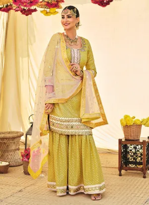 Yellow Zari Embroidered Festive Wear Sharara Style Suit