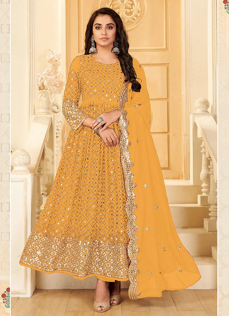 Yellow Zari Mirror Embroidered Traditional Anarkali Suit