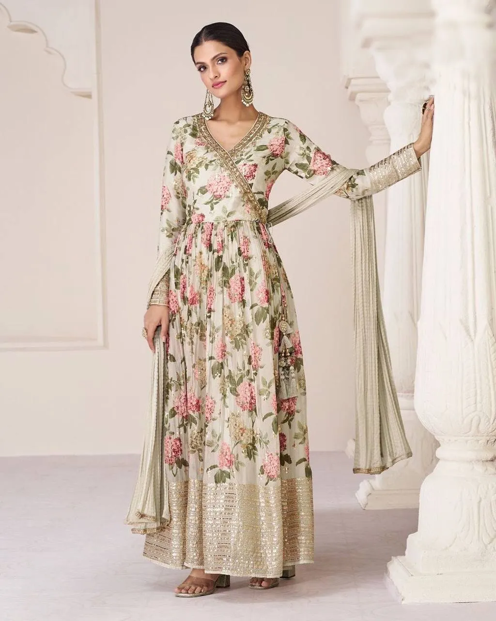 Yellowish Orange Luxurious TB Silk Embroidered Gown with Chinon Dupatta