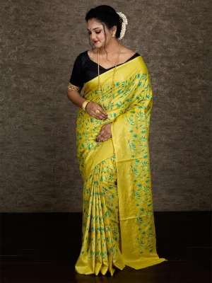 Yelow Allover Embroidered Tussar Silk Saree