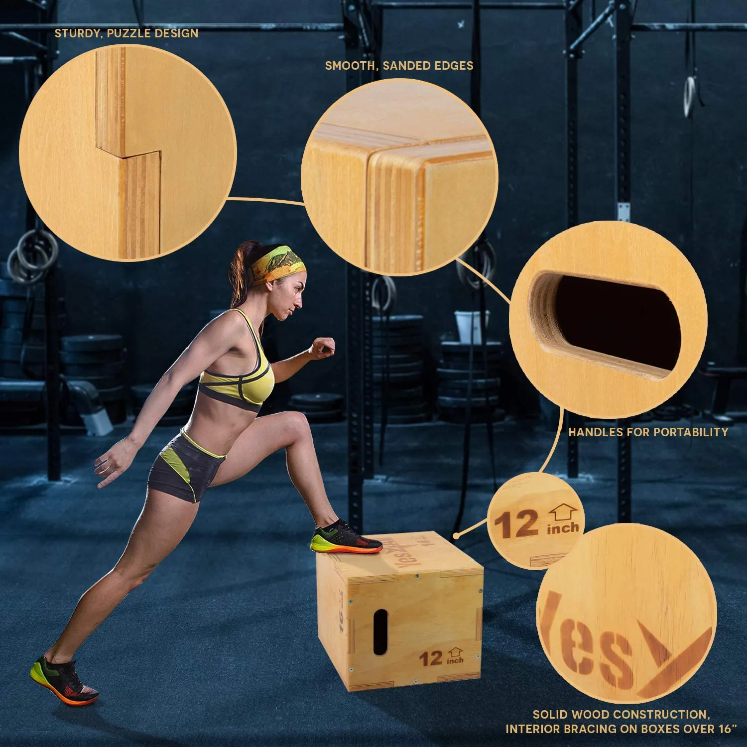 Yes4All Non-Slip/Wooden Plyo Box, Easy-to-Assemble Plyometric Jump Box for Jumping Trainers, Workout Step Platform, Crossfit Equipment for Fitness, Box-Squats and Steps-up, Multi Sizes