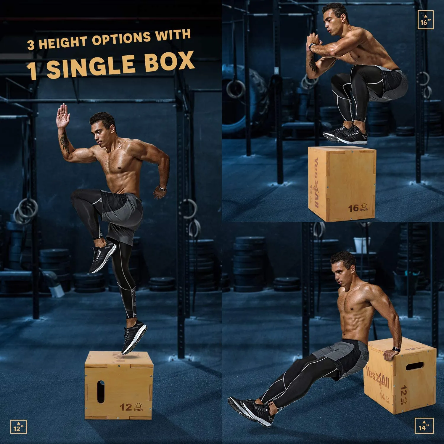 Yes4All Non-Slip/Wooden Plyo Box, Easy-to-Assemble Plyometric Jump Box for Jumping Trainers, Workout Step Platform, Crossfit Equipment for Fitness, Box-Squats and Steps-up, Multi Sizes