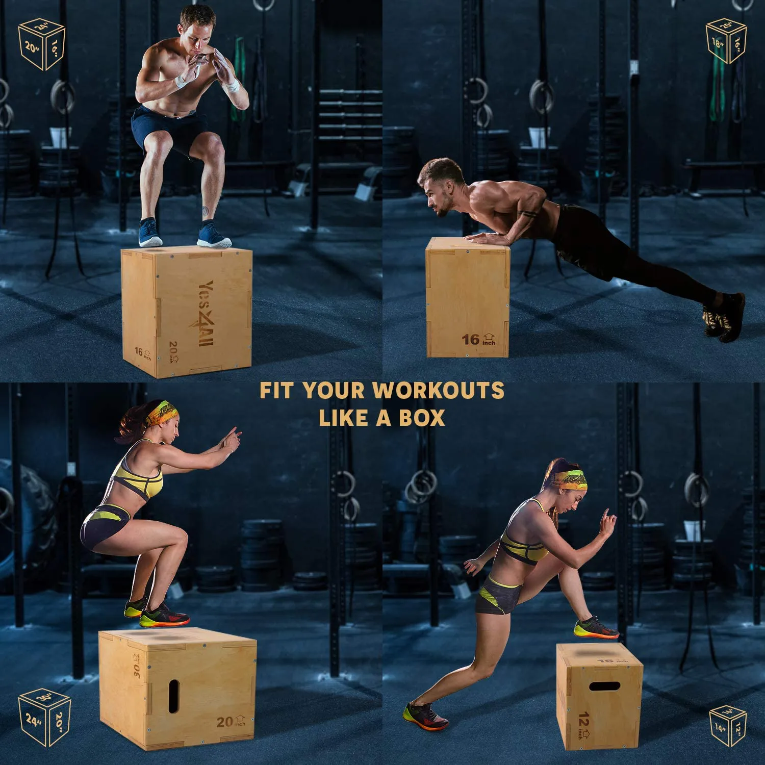 Yes4All Non-Slip/Wooden Plyo Box, Easy-to-Assemble Plyometric Jump Box for Jumping Trainers, Workout Step Platform, Crossfit Equipment for Fitness, Box-Squats and Steps-up, Multi Sizes