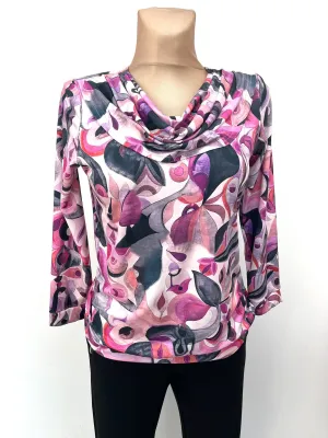 Yew Cowl neck top in Pink and Grey Print. 14