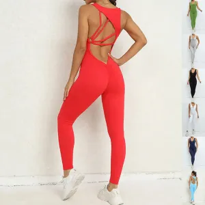 Yoga 
Jumpsuit V-shaped Back Design
 Sleeveless Fitness Running Sportswear Stretch Tights Pants For Womens Clothing