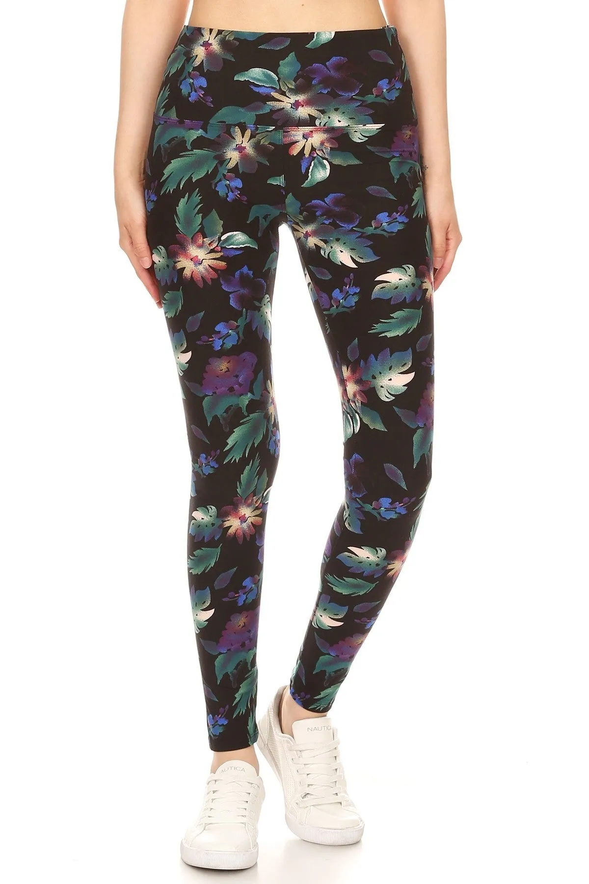 Yoga Style Banded Lined Floral Printed Knit High Waist Legging