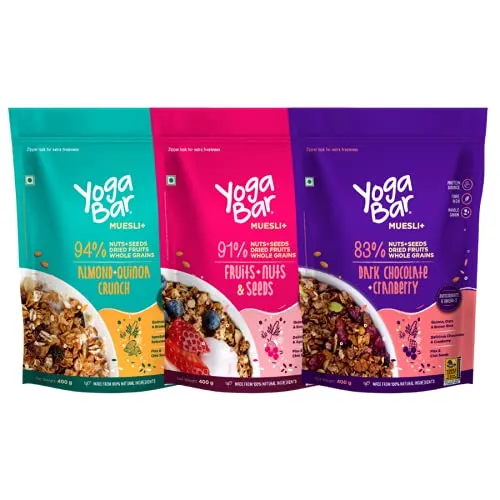 Yogabar Muesli Variety Pack - (Dark Chocolate, Fruits Nuts   Seeds, Almond   Quinoa Crunch) 400g each