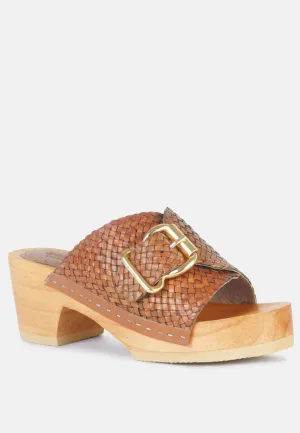 YORUBA Braided Tan Leather Buckled Slide Clogs