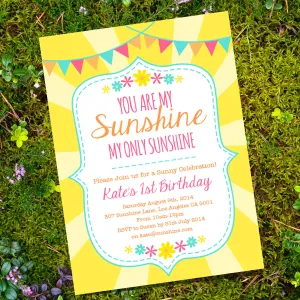 You Are My Sunshine Birthday Party Invitation | Yellow Sunshine Birthday Invite Template