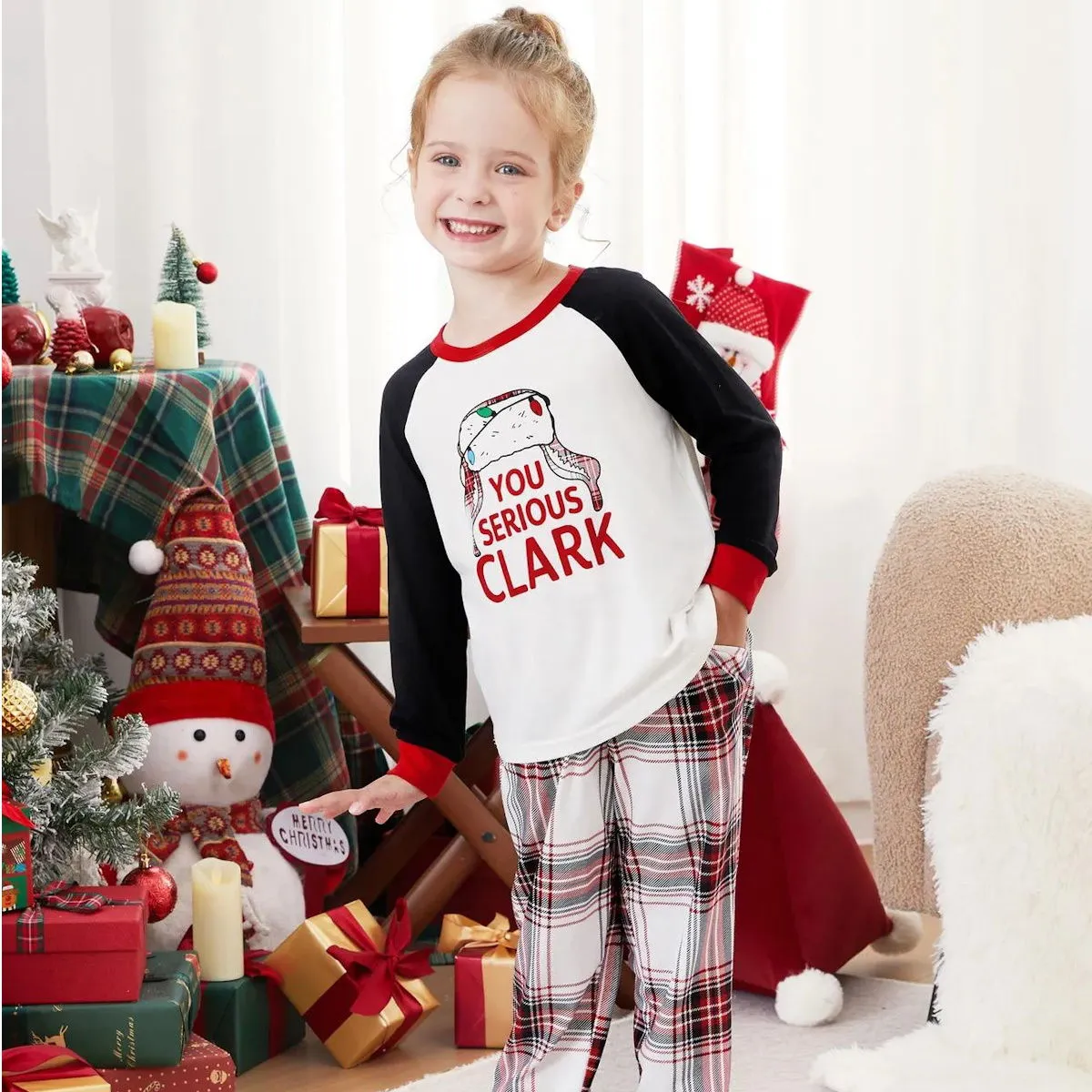 You Serious Clark Family Christmas Pajamas Raglan Sleeve Long Sleeve Plaid Pants with Drawstring and Pockets