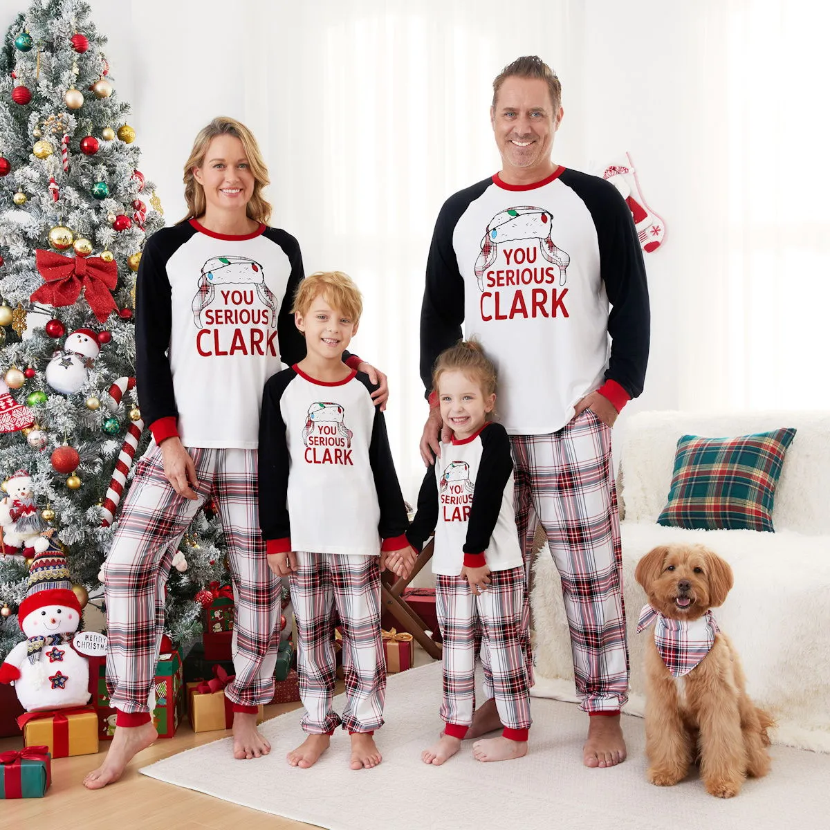 You Serious Clark Family Christmas Pajamas Raglan Sleeve Long Sleeve Plaid Pants with Drawstring and Pockets