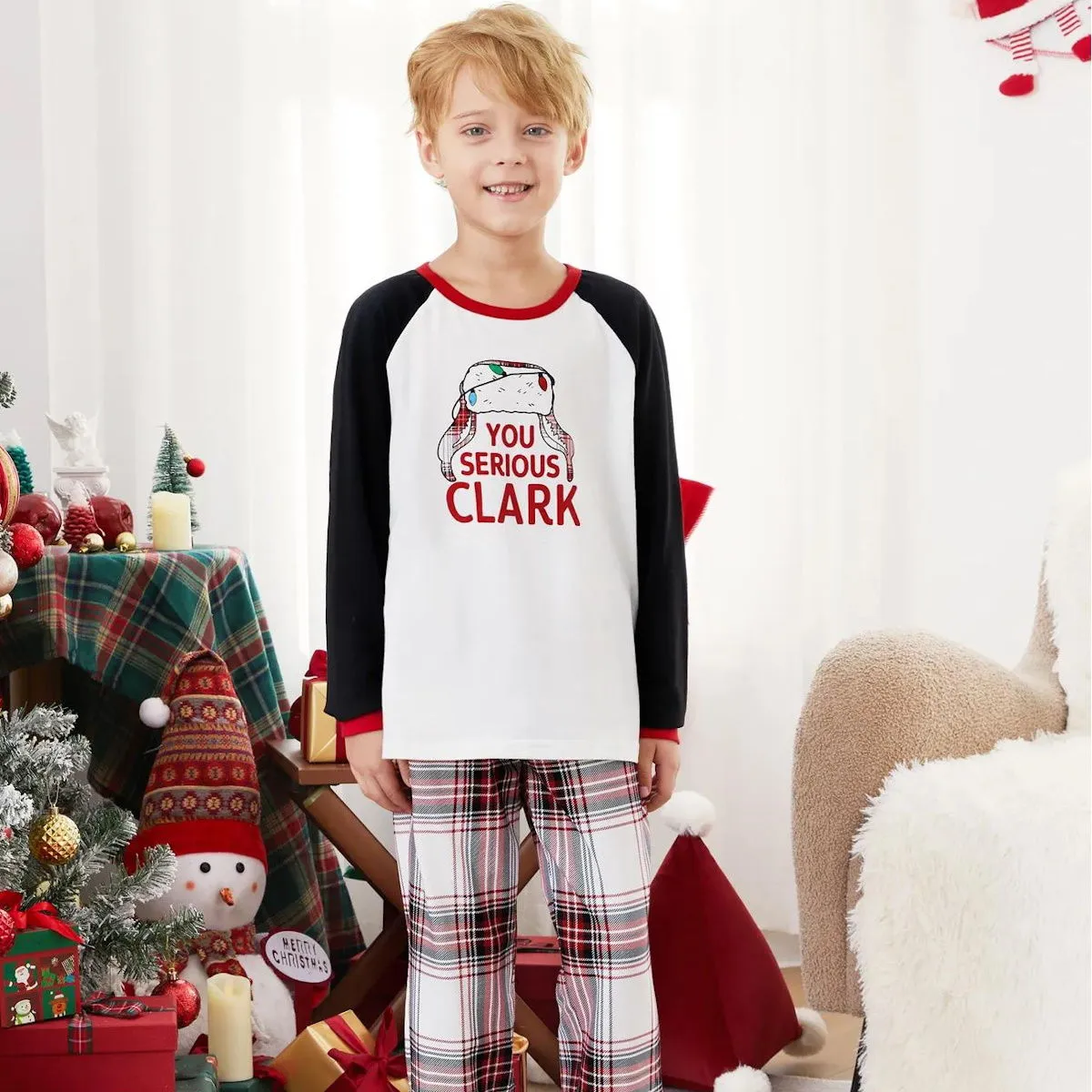 You Serious Clark Family Christmas Pajamas Raglan Sleeve Long Sleeve Plaid Pants with Drawstring and Pockets