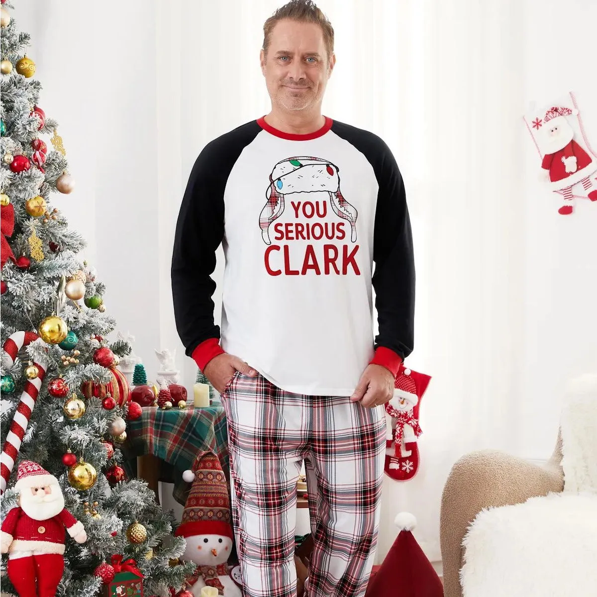 You Serious Clark Family Christmas Pajamas Raglan Sleeve Long Sleeve Plaid Pants with Drawstring and Pockets