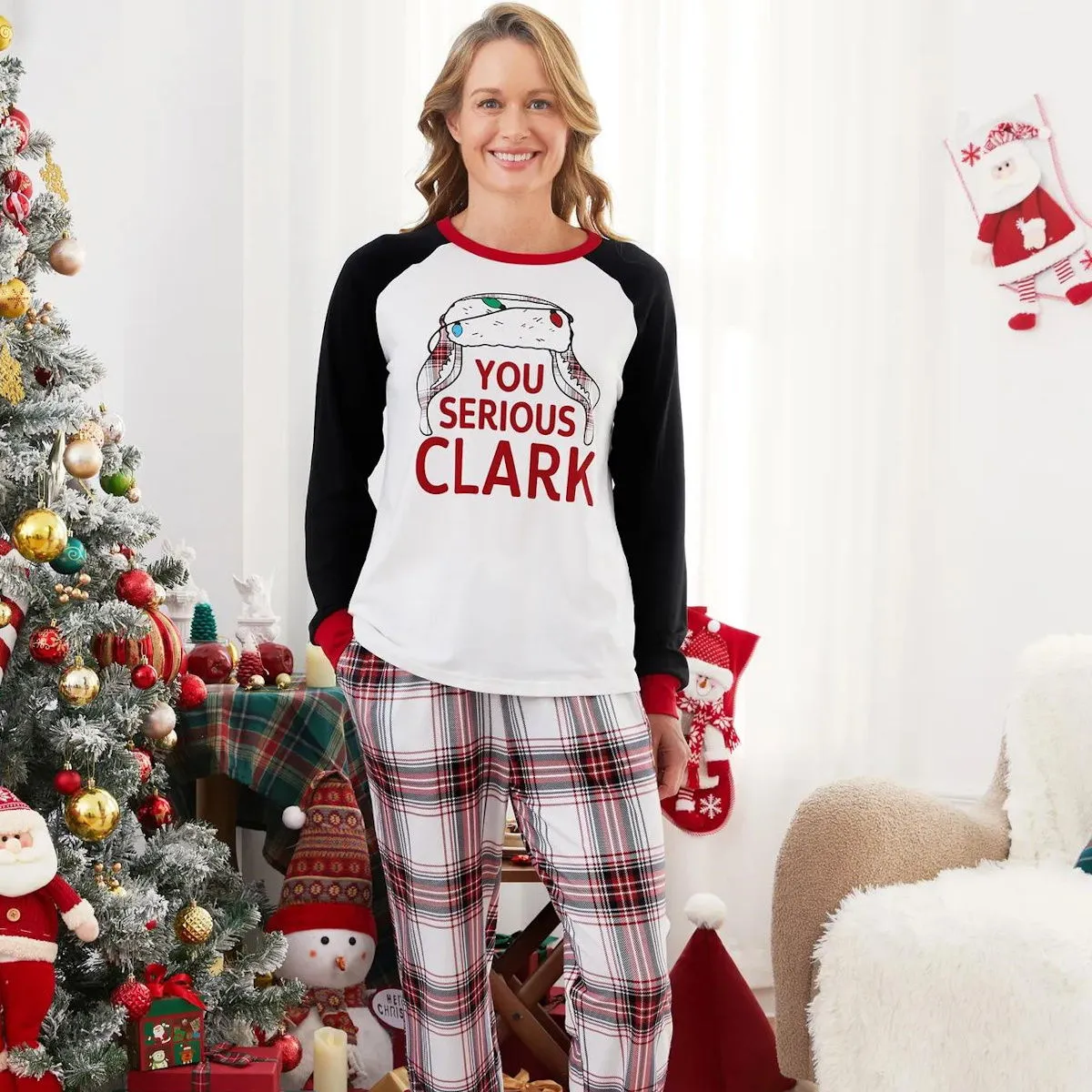 You Serious Clark Family Christmas Pajamas Raglan Sleeve Long Sleeve Plaid Pants with Drawstring and Pockets