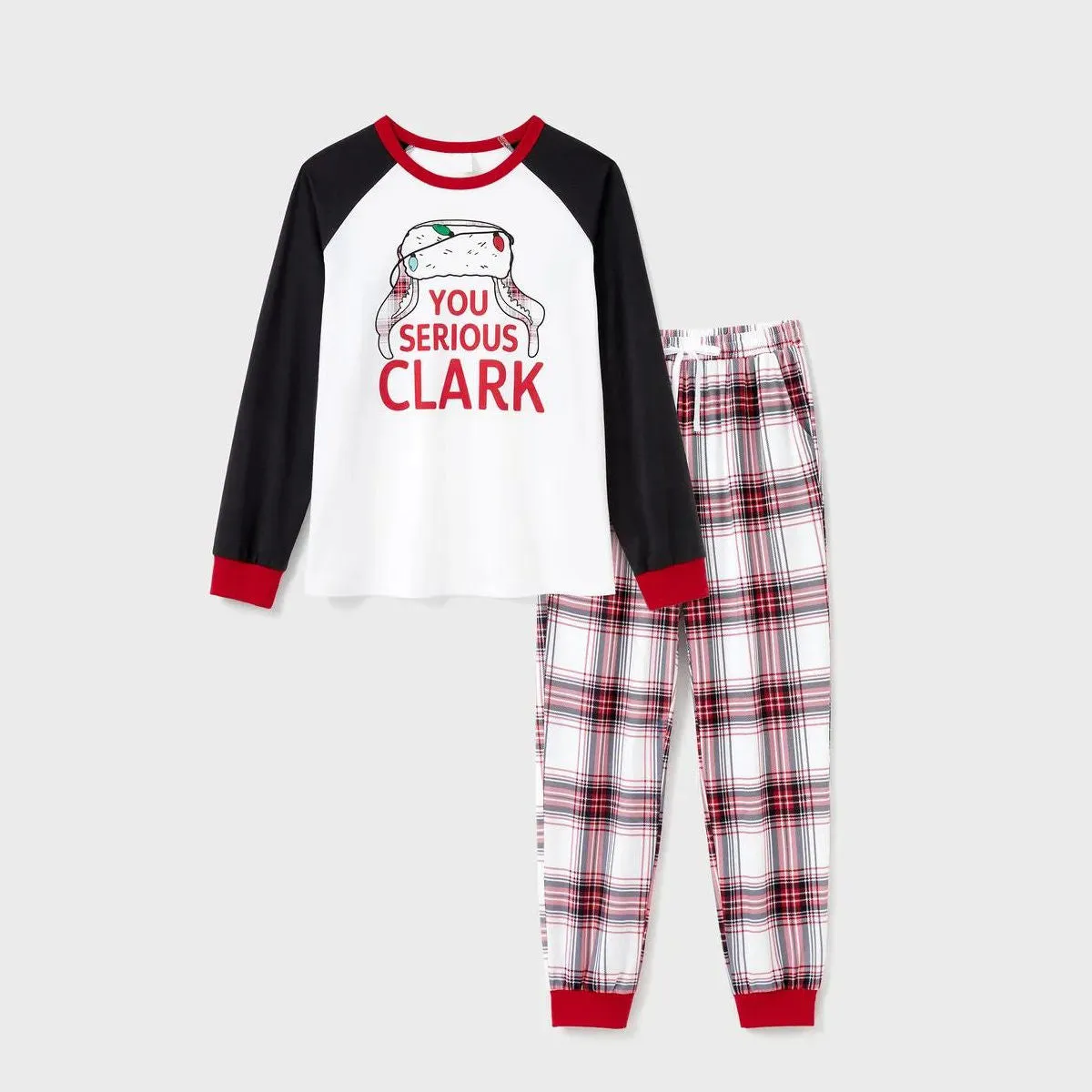 You Serious Clark Family Christmas Pajamas Raglan Sleeve Long Sleeve Plaid Pants with Drawstring and Pockets