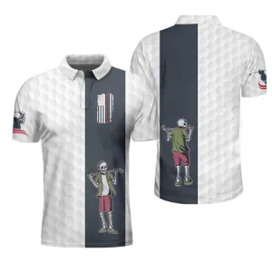 Youngster Skeleton Golf Lover American Flag Polo Shirt, White American Flag Golf Shirt For Men Coolspod