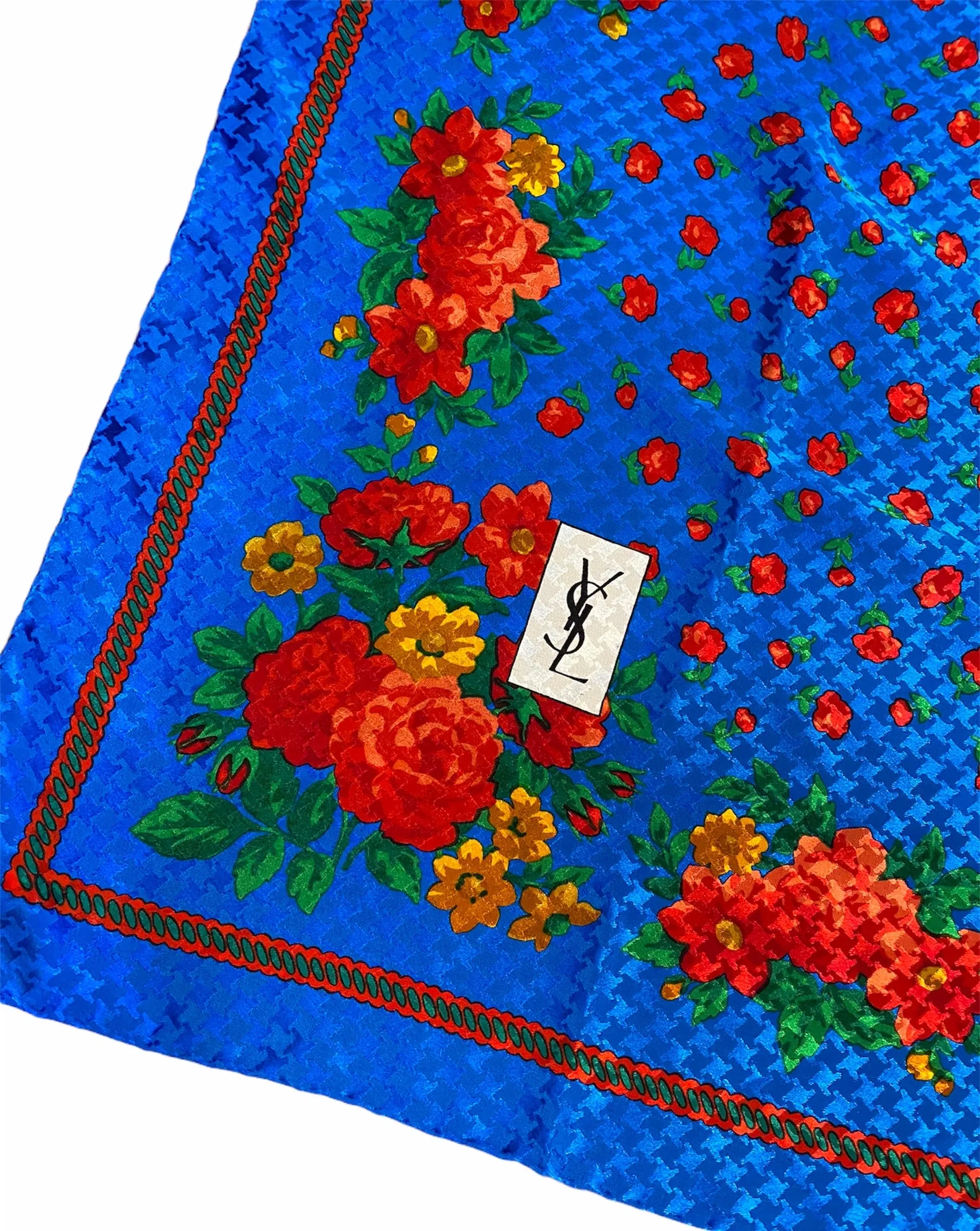 YSL 70s Bright Blue Jacquard Floral Silk Scarf